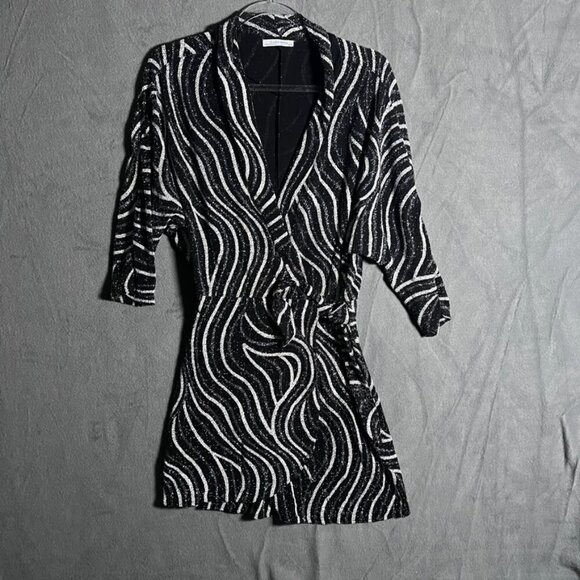 Zara Shiny Shimmery Wrap Dress M Black Silver White - Picture 2 of 6